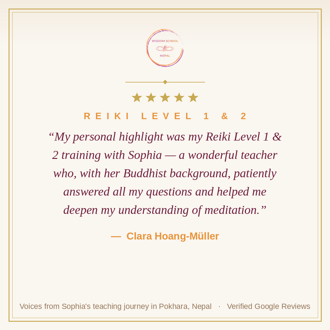 Five-star student testimonial — Clara Hoang-Müller, Reiki Level 1 & 2