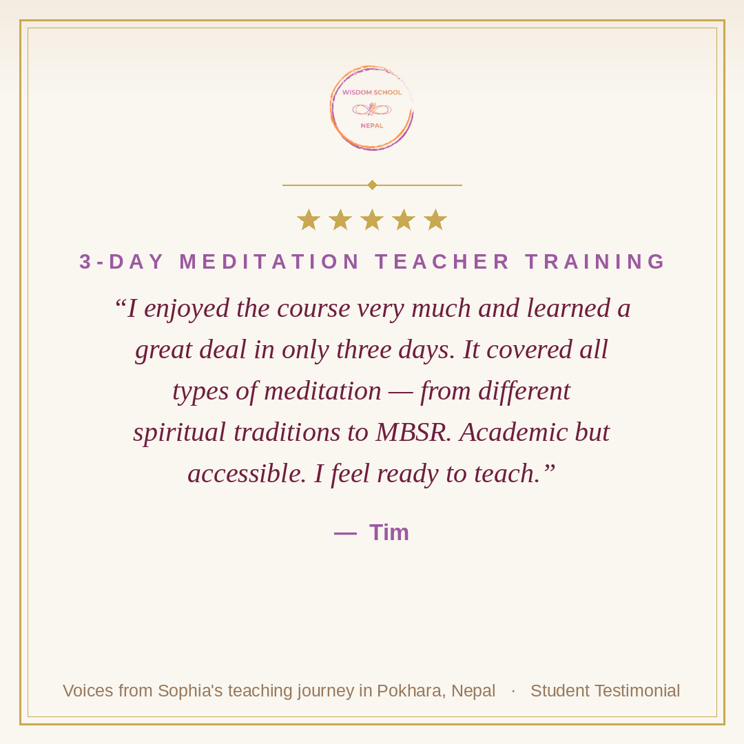 Five-star student testimonial — Tim, 3-Day Meditation Teacher Training