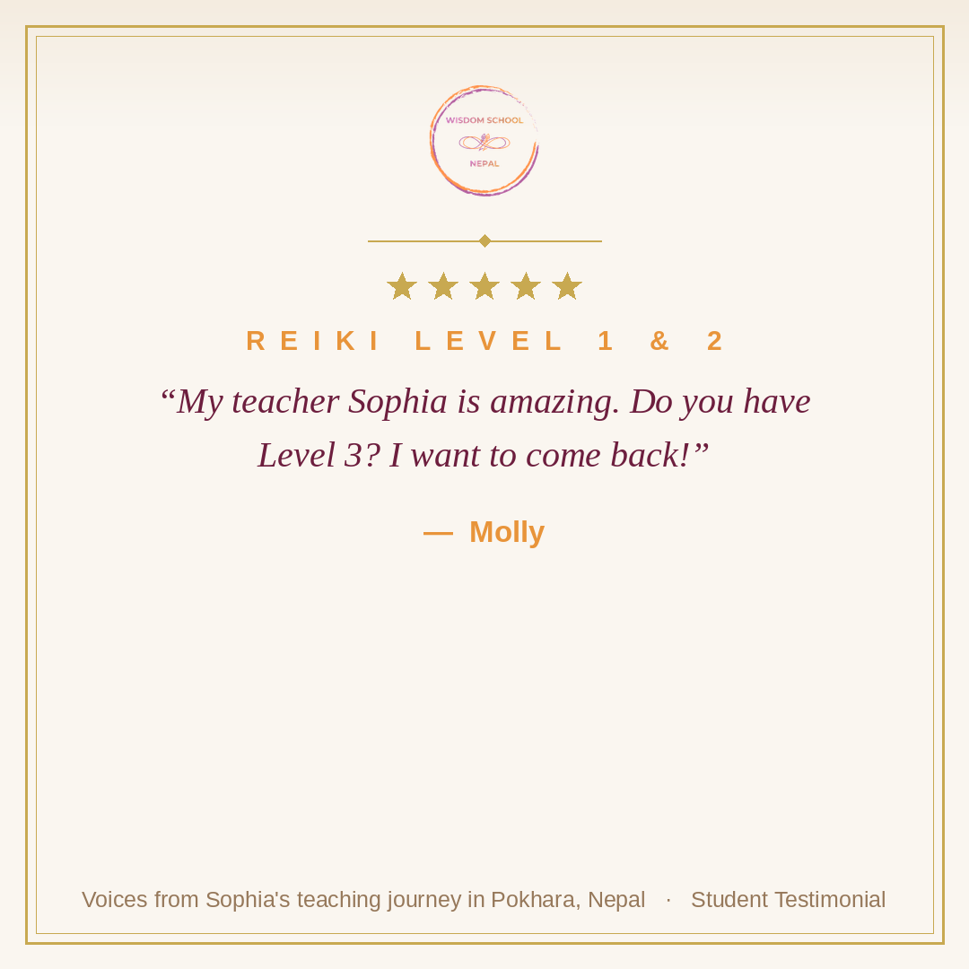 Five-star student testimonial — Molly, Reiki Level 1 & 2